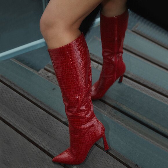 New Red Crocodile Croc Embossed Knee High Boots Pointed Toe Stiletto Heel Zipper - Picture 2 of 9